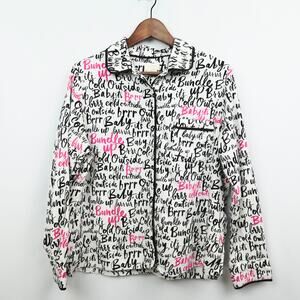 Kate Spade Pajama Top Sz‎ L Flannel White Black Pink Baby It’s Cold Script Font